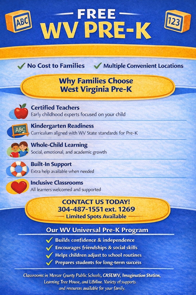 Flyer for WV Pre-K and reasons why public school Pre-K is best for kids. See original post for detailed info.