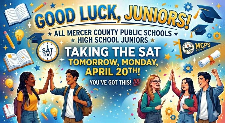 graphic wishing our high school juniors luck on the SAT tomorrow, Monday, April 20th  
