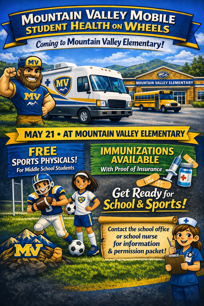 Poster for Student Health on Wheels for free sports physicals ad immunizations with proof of insurance. May 21 at MVES