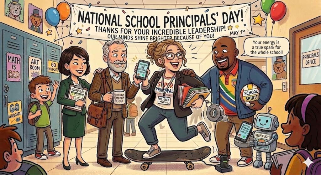 Cartoon style graphic celebrating National Principals' Day. Principals are standing in a school hallway surrounded by happy students.