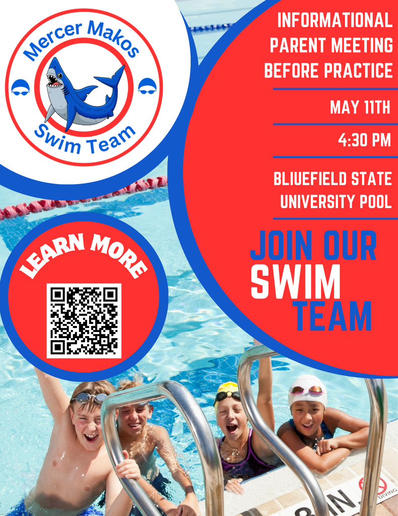 Mercer Makos swim team flyer. Informational meeting on May 11th at 4:30 at the Bluefield State University Pool.