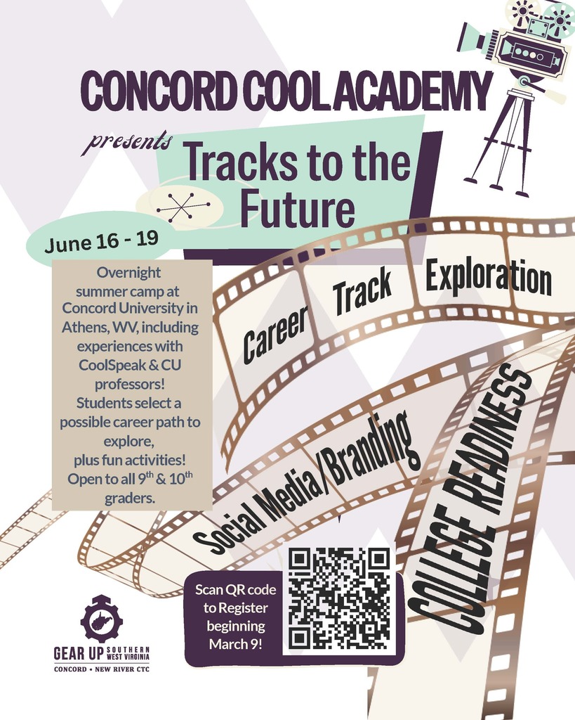 GEARUP Summer CAmp at Concord University June 16-19, 2026. Open to all 9th & 10th graders. Scan QR code to register