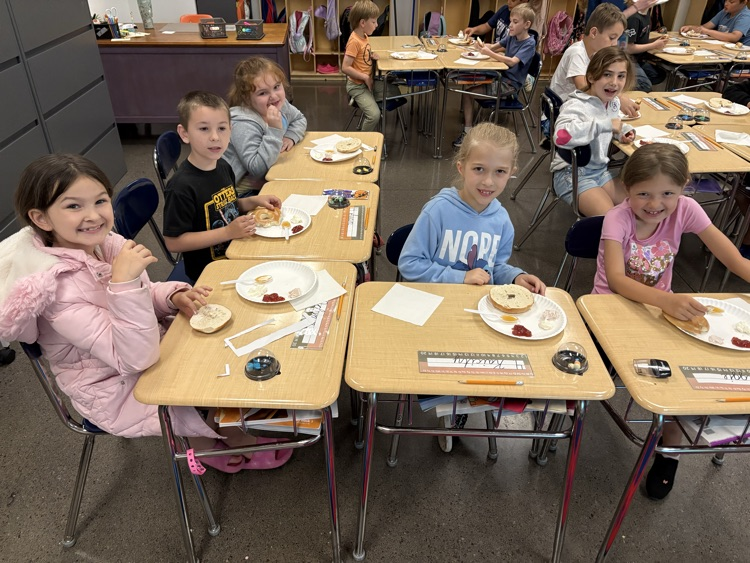 Second graders in Mrs. Fulp's class got to say "Cream cheese!" for these pictures. This week they have been reading, "Where on Earth is my Bagel?" They got to eat bagels with different toppings while listening to the story today! 