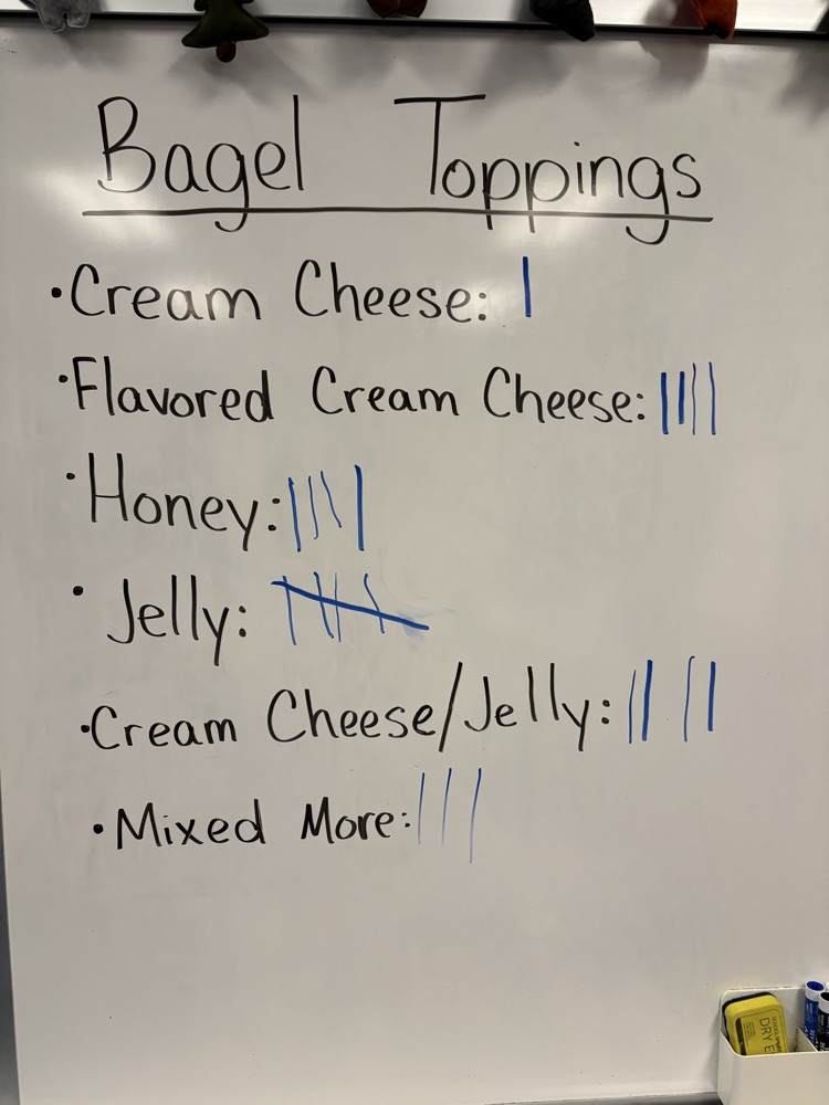 Second graders in Mrs. Fulp's class got to say "Cream cheese!" for these pictures. This week they have been reading, "Where on Earth is my Bagel?" They got to eat bagels with different toppings while listening to the story today! 