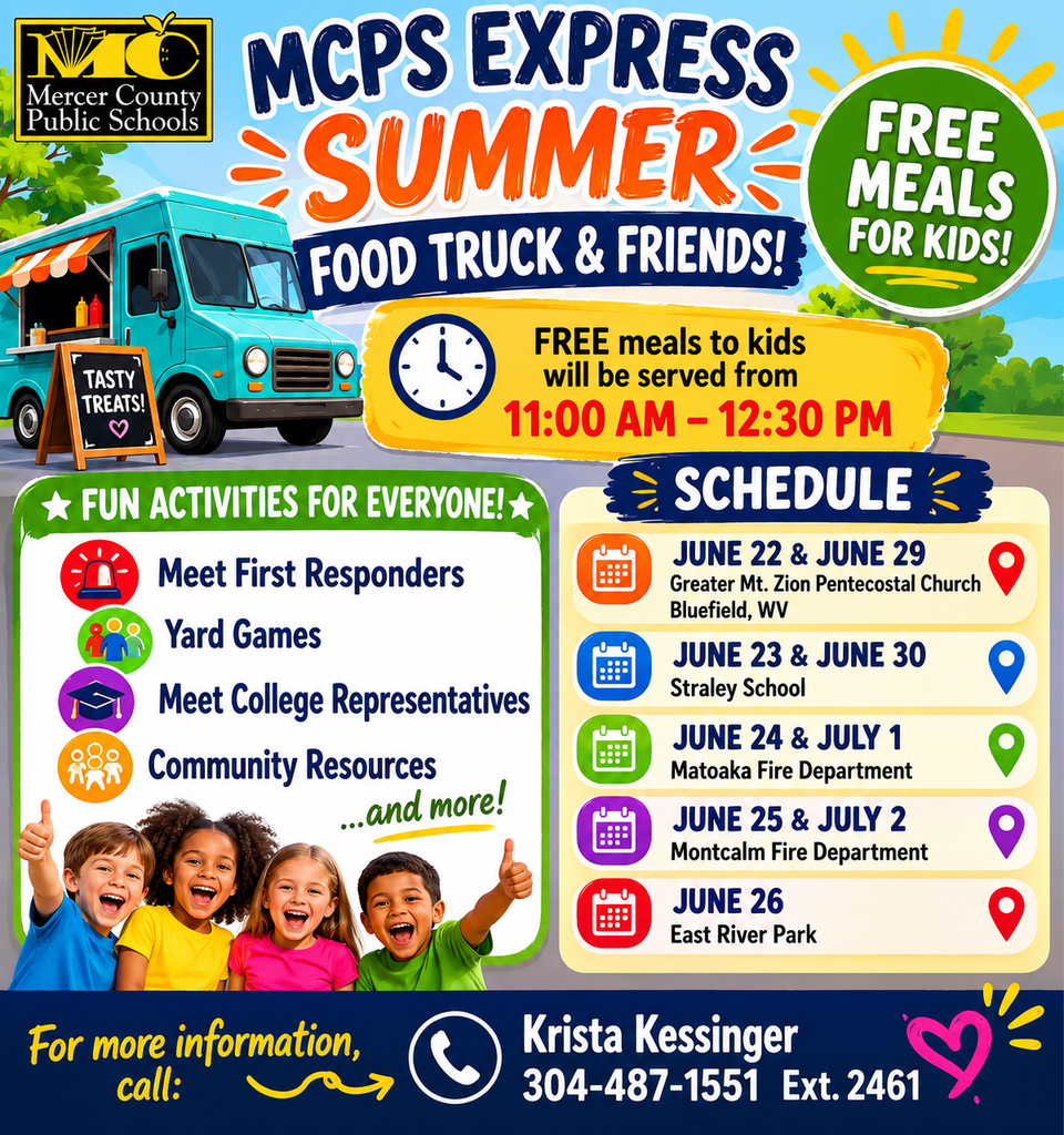 Graphic for Summer Food Truck stops: June 22nd and 29th at the Greater Mt. Zion Pentacostal Church in Bluefield; June 23rd and 30th at Straley School; June 24th and July 1st at Matoaka Fire Department; June 25th and July 2nd at Montcalm Fire Department, and June 26th at East River Park. Each location will be open from 11:00 a.m. to 12:30 p.m. Free meals will be served to school aged children these days.