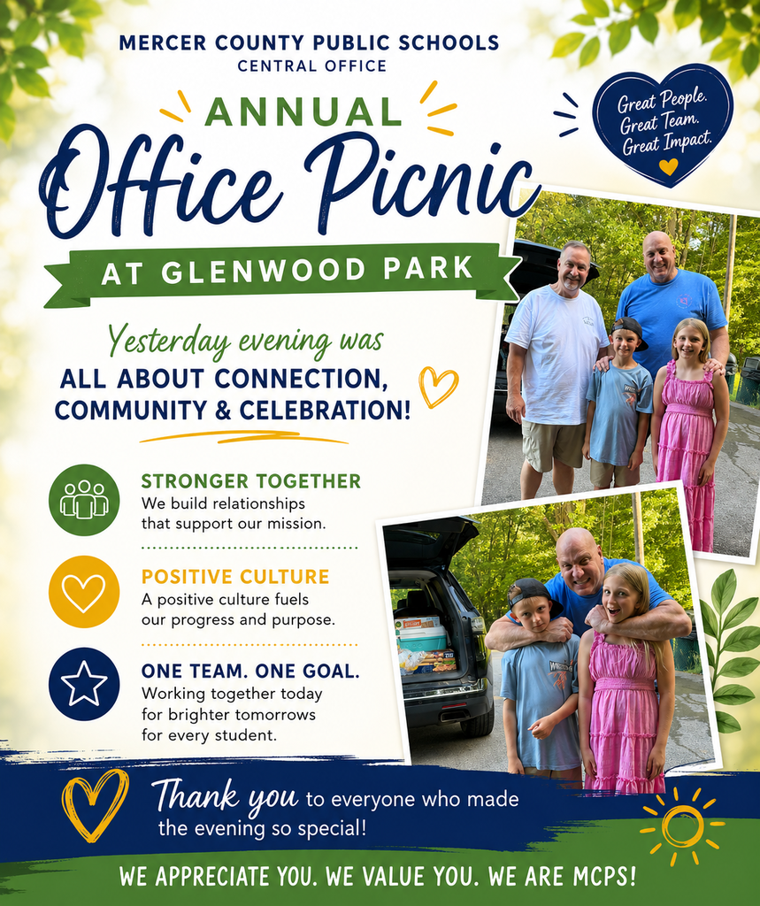 A poster advertising the Annual Office Picnic at Glenwood Park with family photos, a man with children, and a car in the background.