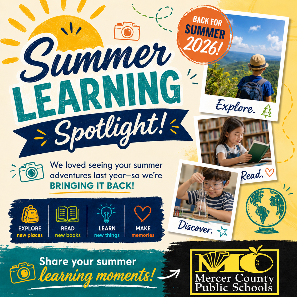 Bright graphic with text: Summer Learning Spotlight! Share your summer learning moments! Features photos of children reading, exploring, and making.