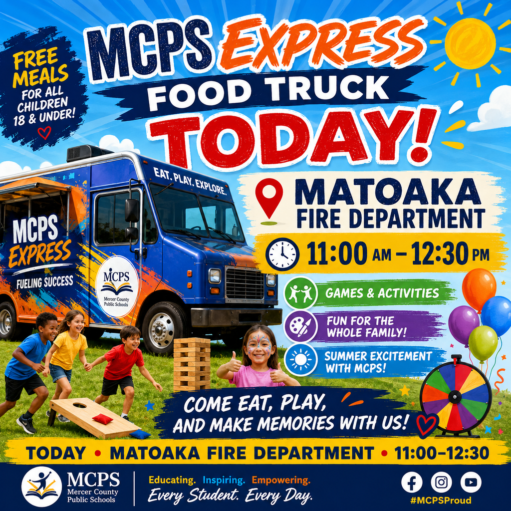 Poster showing a food truck, kids playing, balloons, and a map with a pin. Text reads "MCPS Express Food Truck Today!"