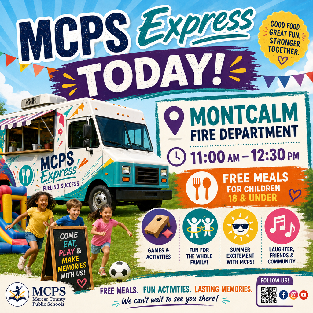 A poster with text promoting MCPS Express Today. A food truck is in the background.