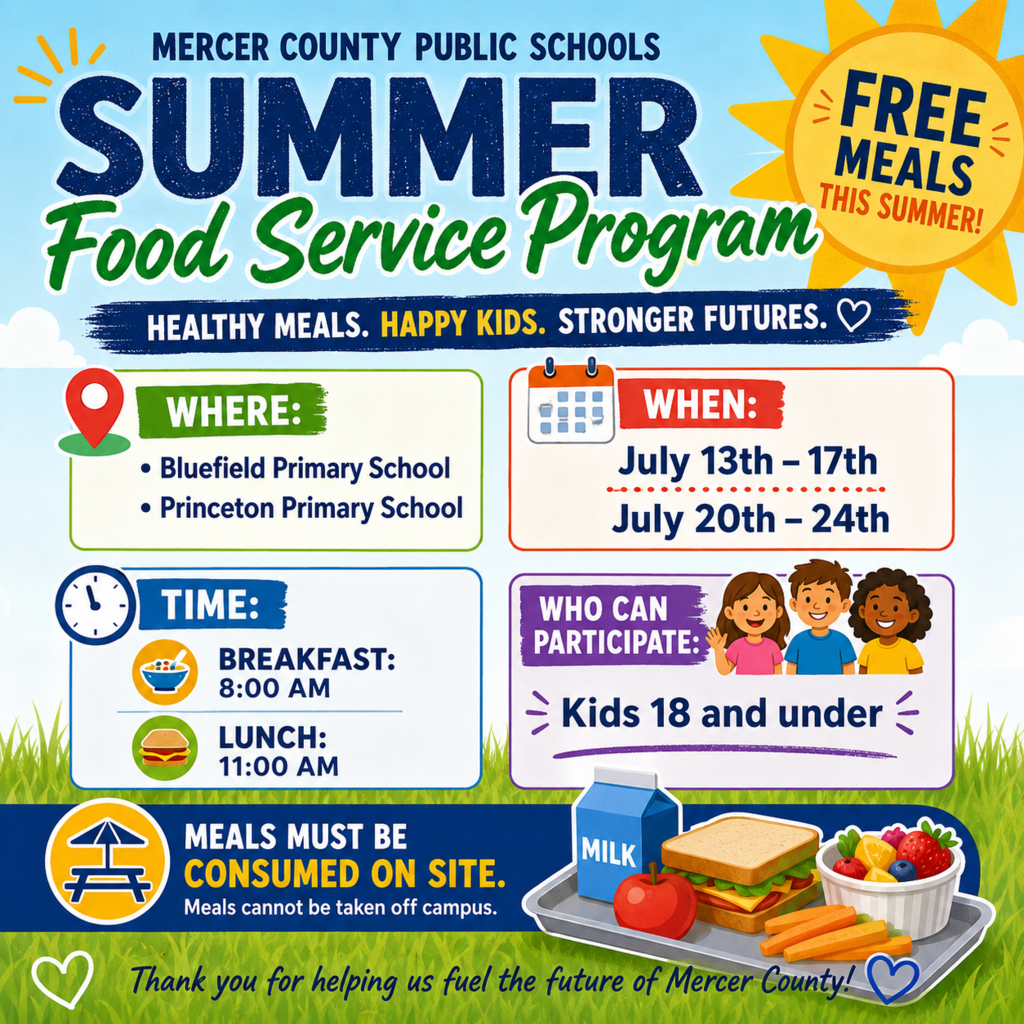 Bright blue background. Text: Summer Food Service Program. Icons for location, date, and time. Kids icons. Plates of food.
