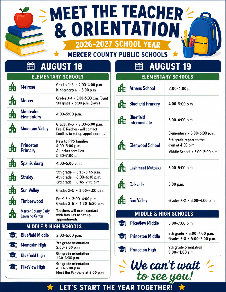 A flyer with two columns of meeting times for elementary, middle, and high schools. It includes the date, times, and locations.