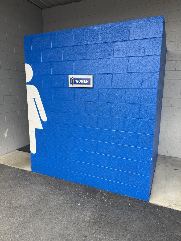 Blue brick wall with white female icon and "Women" sign on a dark background.