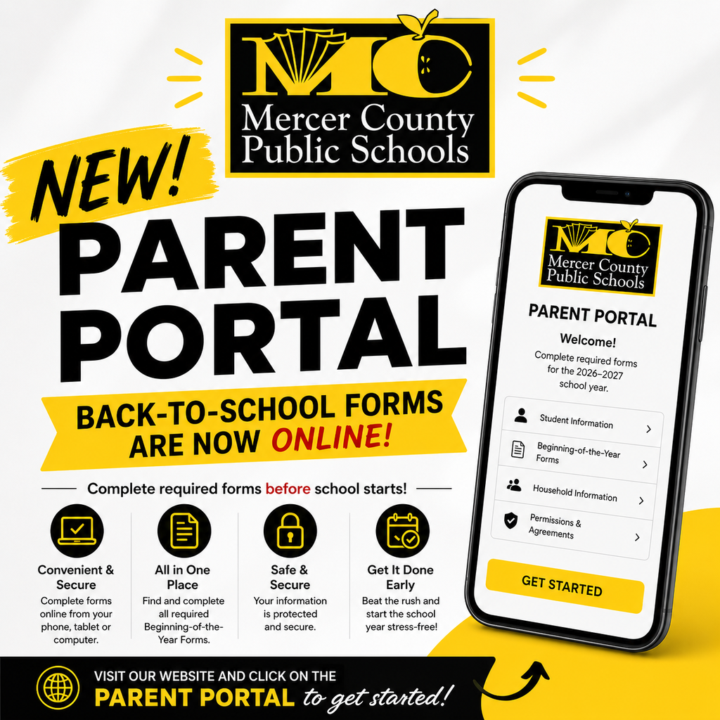 An advertisement promotes a new online parent portal with a mobile phone. The text highlights convenience, security, and easy access.
