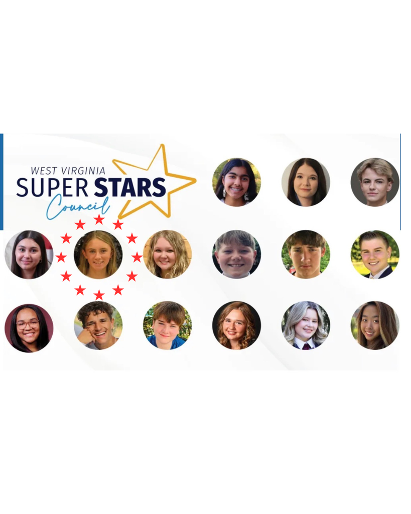 A banner with text reading "West Virginia Super Stars Council" features a star and multiple circular photos of individuals.