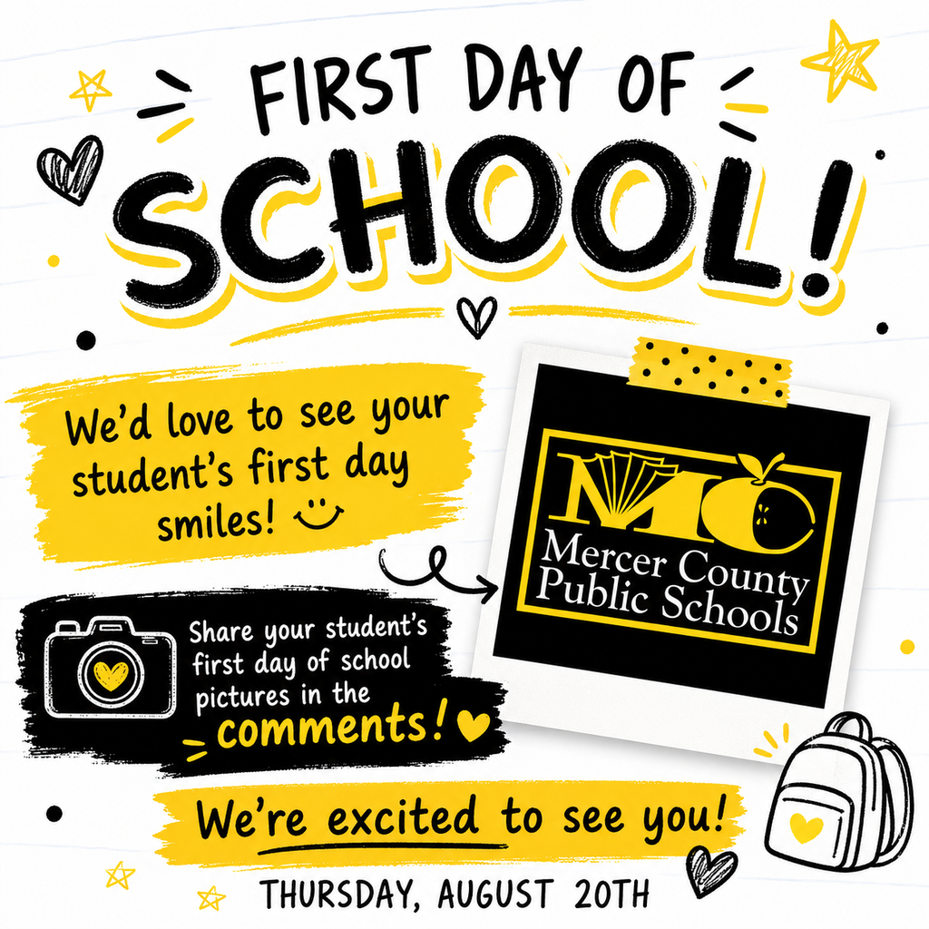 Poster with "First Day of School!" in large letters. It encourages parents to share photos of their child's first day.