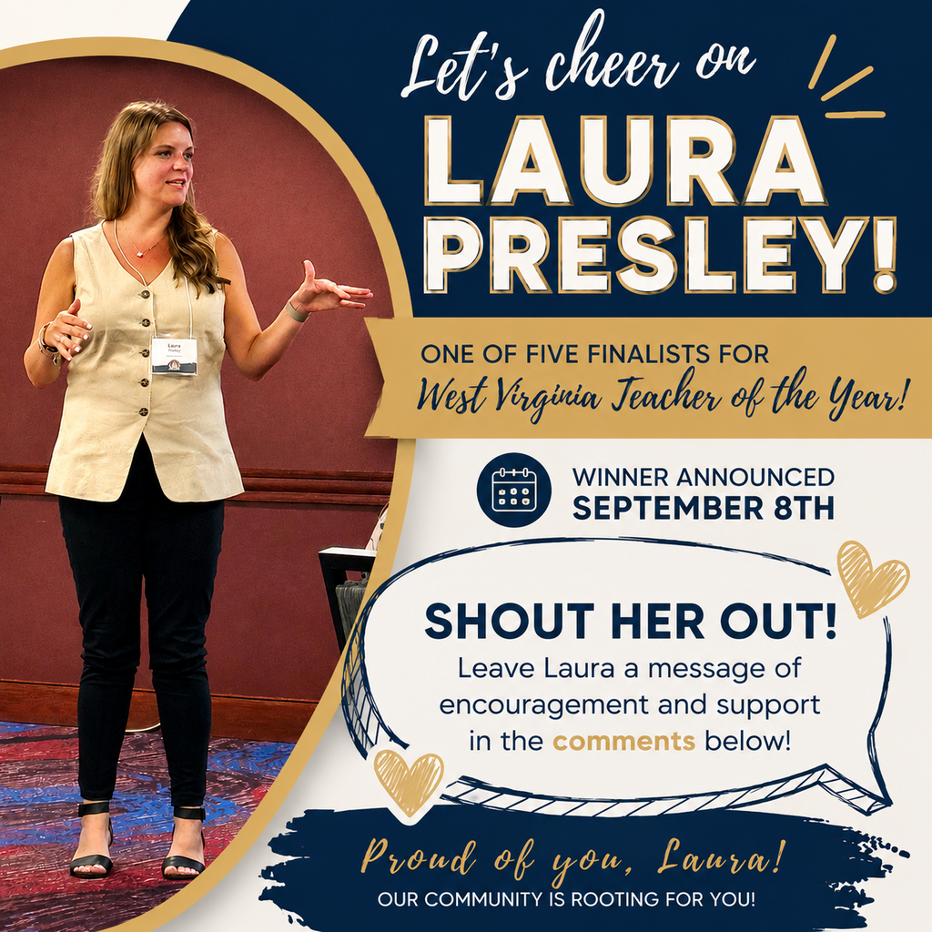 A woman stands on stage in a beige vest and black pants. A banner reads "Laura Presley" and "Let's cheer on."