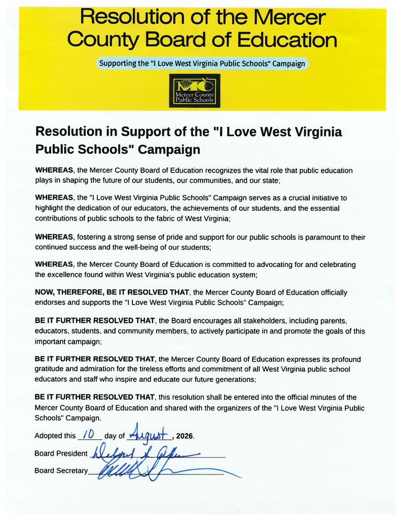 Document titled "Resolution of the Mercer County Board of Education" supporting the "I Love West Virginia Public Schools" Campaign. Text in black on a white and yellow background.