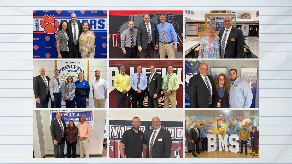 Multiple photos of people in professional attire in various settings, including a school with a sports team logo.