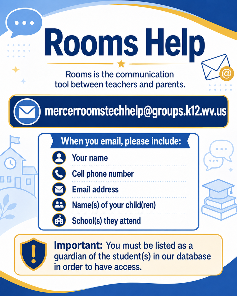 A communication tool for teachers and parents includes an email address and a list of required information: name, cell phone number, email address, and child's name and school.Email address for help is mercerroomstechhelp@groups.k12.wv.us