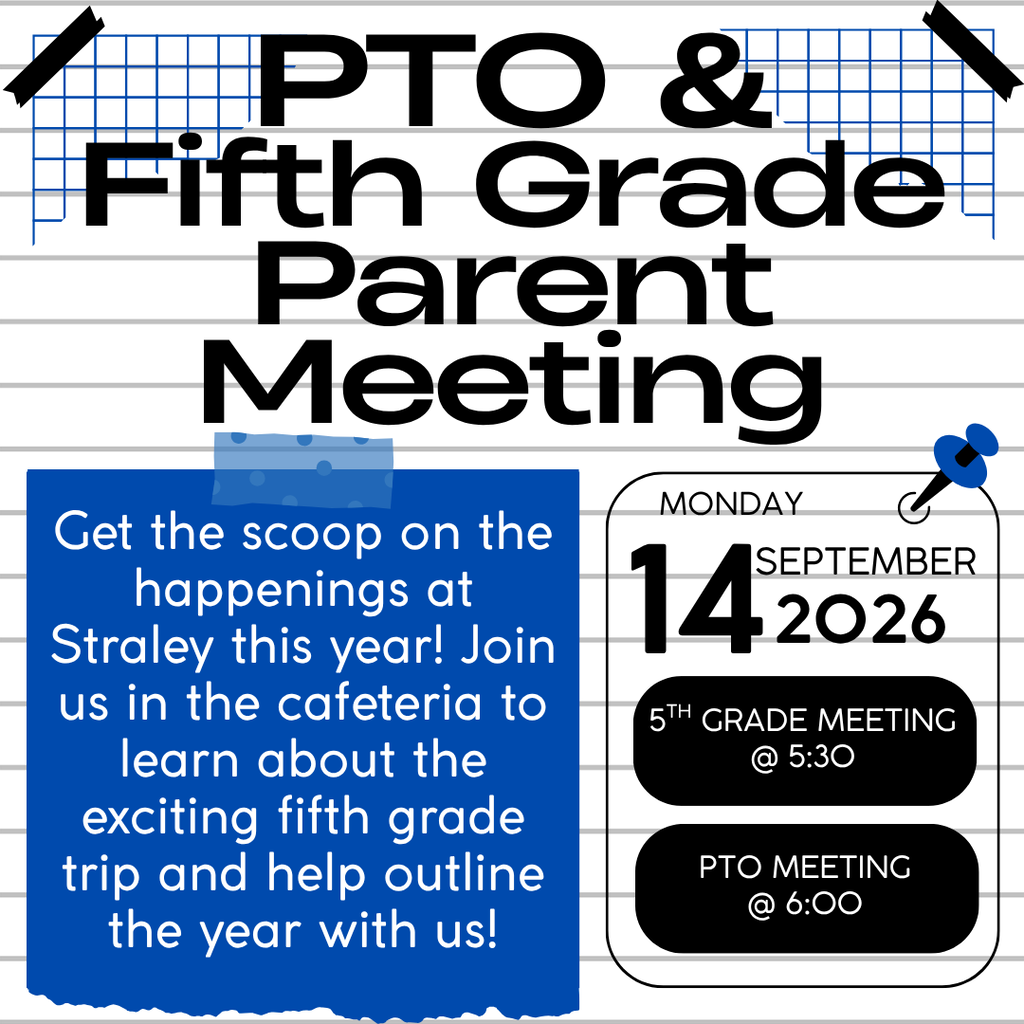 A blue and white poster with a blue border on the left, featuring an announcement for a PTO and fifth-grade parent meeting.