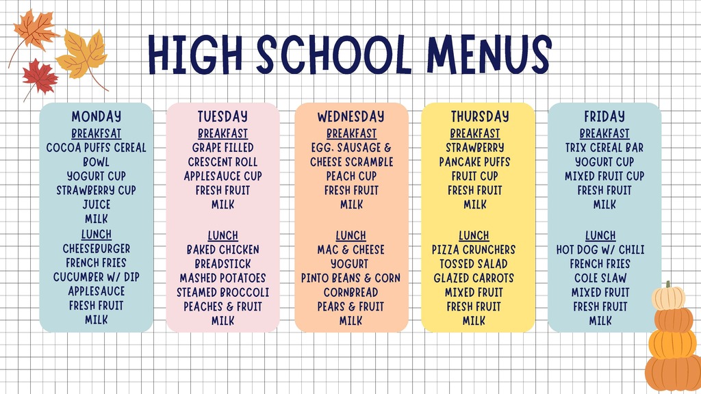 Weekly high school menu featuring Monday to Friday meals, breakfasts, lunches, and milk, with autumn leaves in the background.