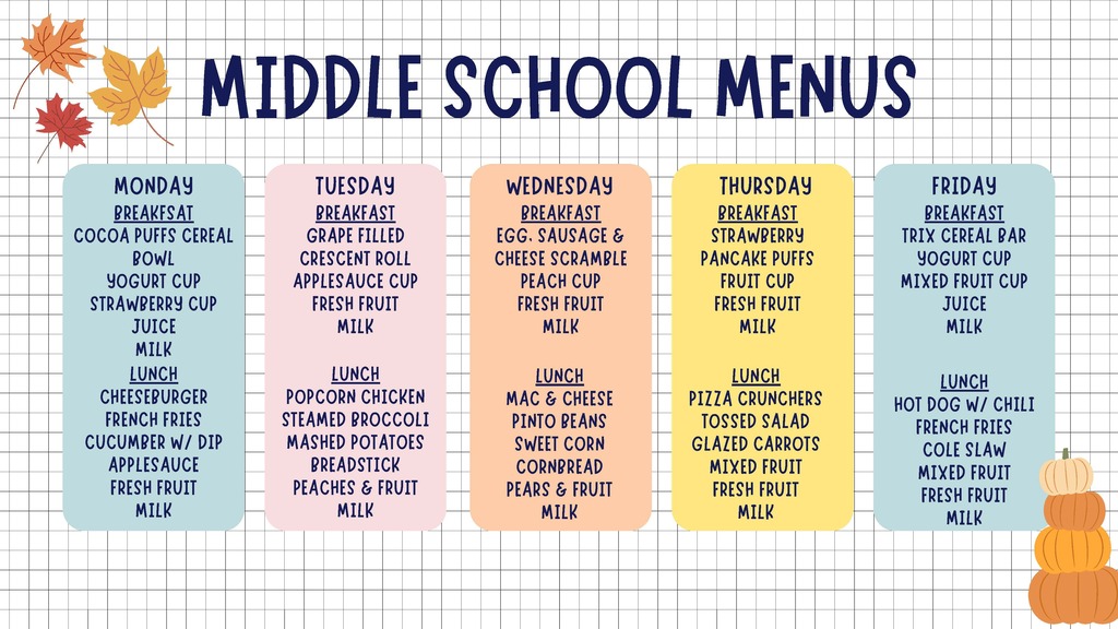 A row of five rectangular boxes, each labeled with a day of the week, showing meal options.