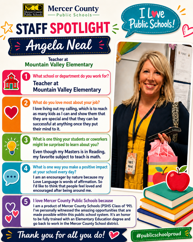 Text: "Mercer County Staff Spotlight" shows a woman with blonde hair smiling. She holds a black bag with a red apple.