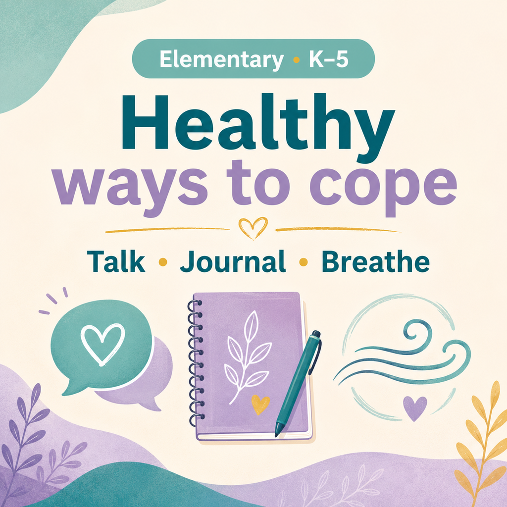Bright, colorful background features a notebook with a pen, speech bubbles, a heart, and swirls. Text reads "Elementary K-5 Healthy ways to cope: Talk, Journal, Breathe."