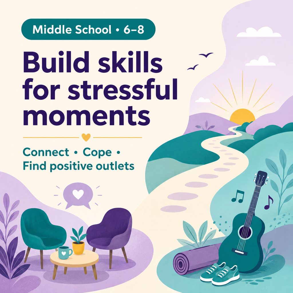 Illustration of a path with chairs, a guitar, and yoga mat. Text reads "Build skills for stressful moments" and includes icons.