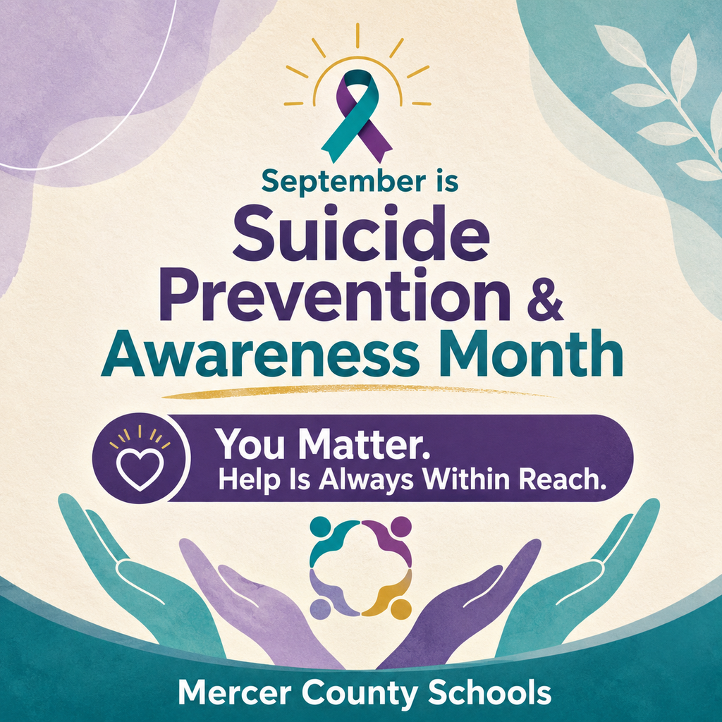 Banner with purple and teal background. Text reads "September is Suicide Prevention & Awareness Month". A heart and sun icon.