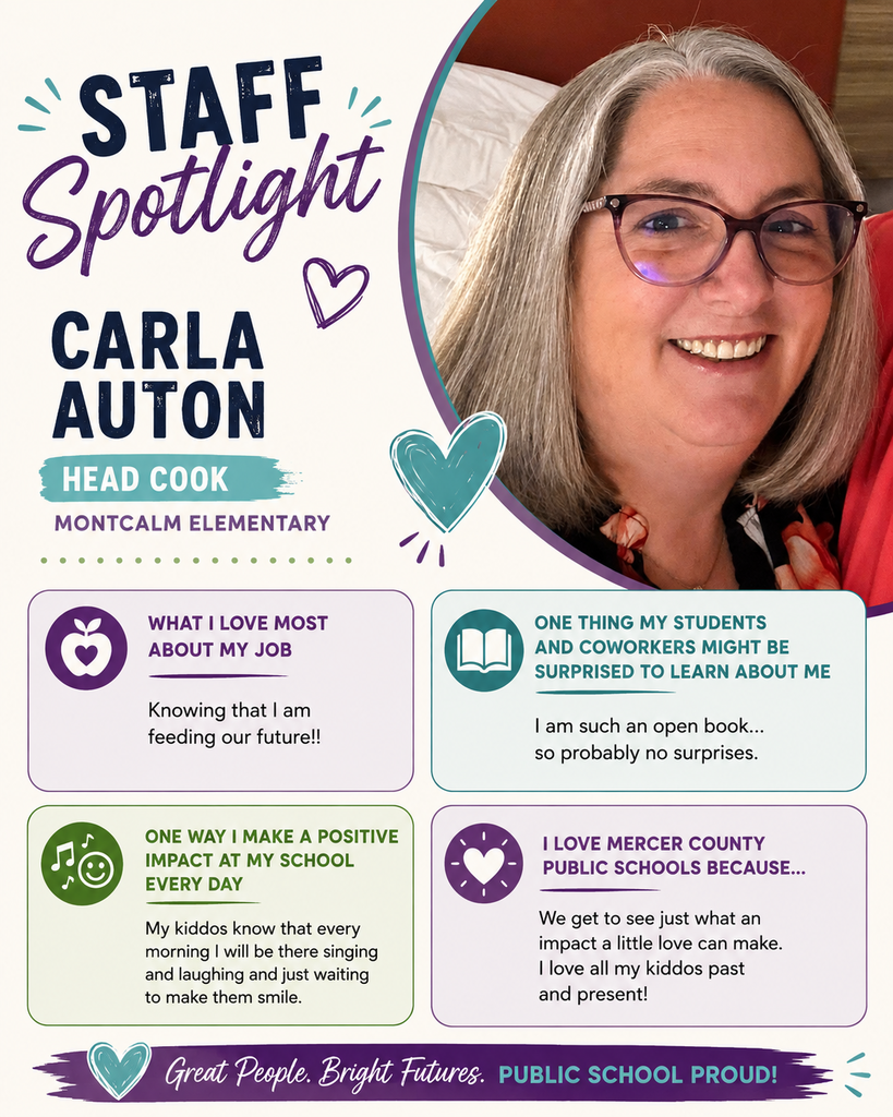 A woman smiles at the camera with glasses. The text reads "Staff Spotlight Carla Auton Head Cook" and "Mercer County Public Schools."