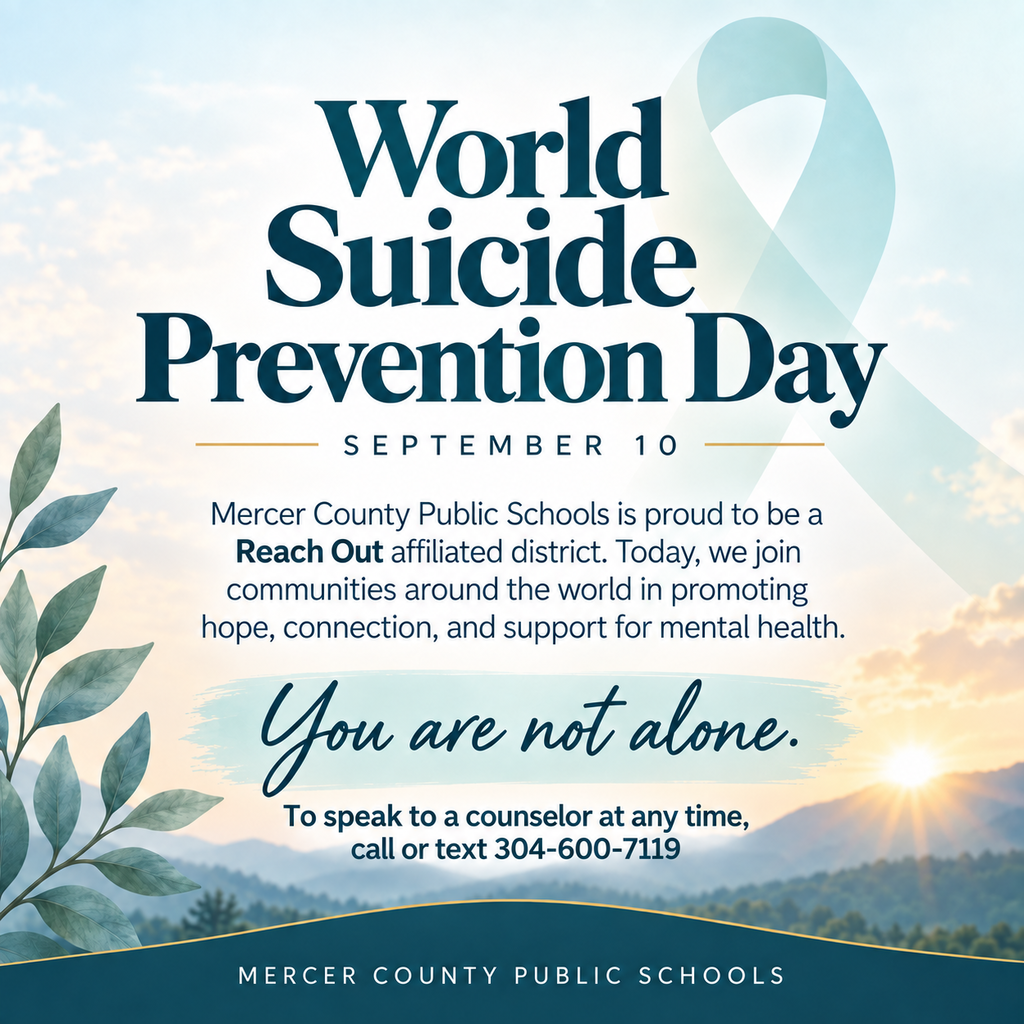 Poster with teal sky and greenery. It reads "World Suicide Prevention Day, September 10." Contact information is provided for mental health support.