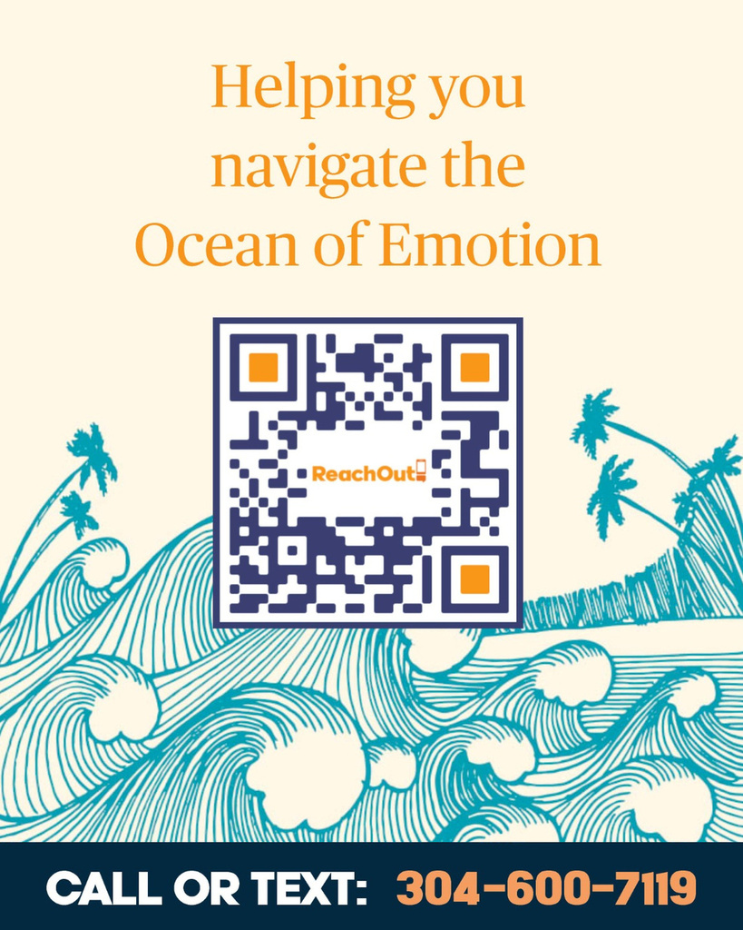 A white and blue background features waves and palm trees. A QR code is centered with "ReachOut" below. Text reads, "Helping you navigate the Ocean of Emotion." Contact information below.