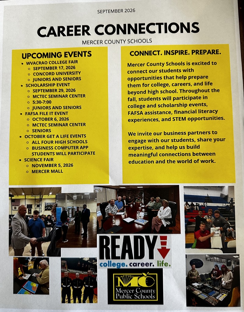 A poster has a yellow background with text and images of people. The title is "Career Connections" with event details listed.