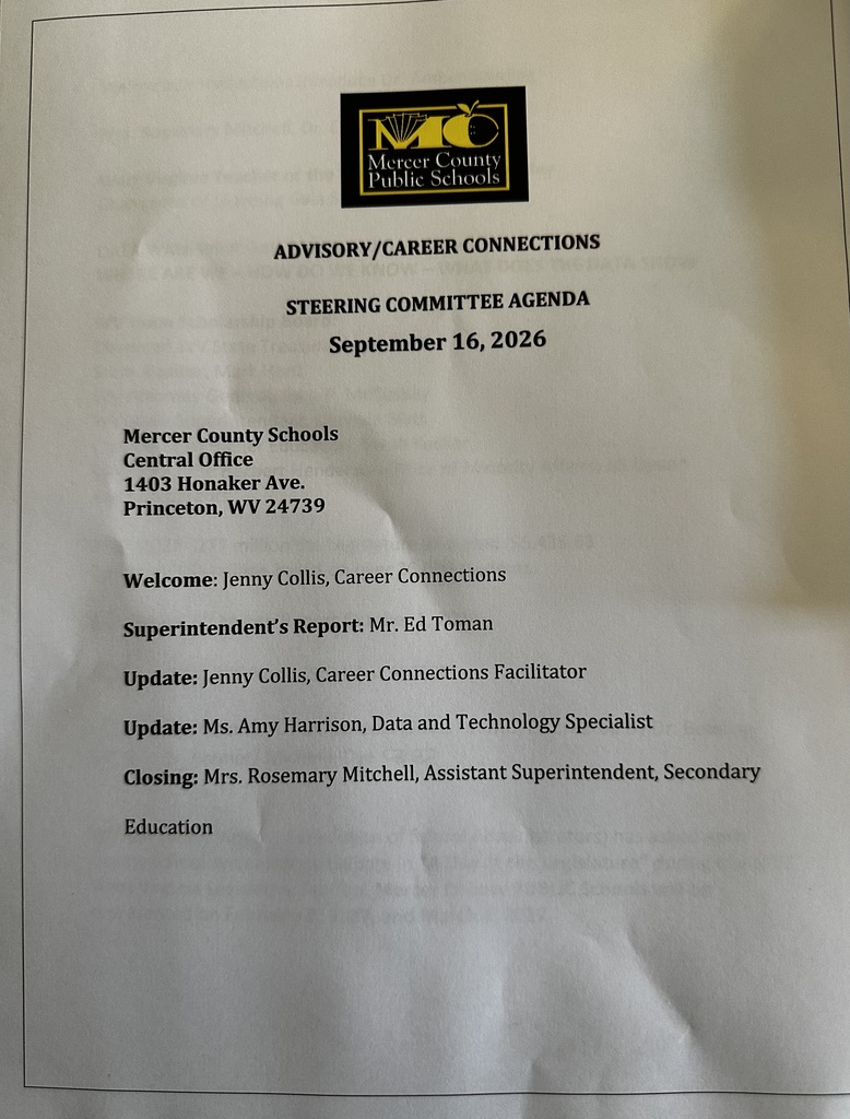 Document titled "Steering Committee Agenda" for Mercer County Schools' Advisory/Career Connections. Dated September 16, 2026. Attendees include Jenny Collis, Ed Toman, and others.