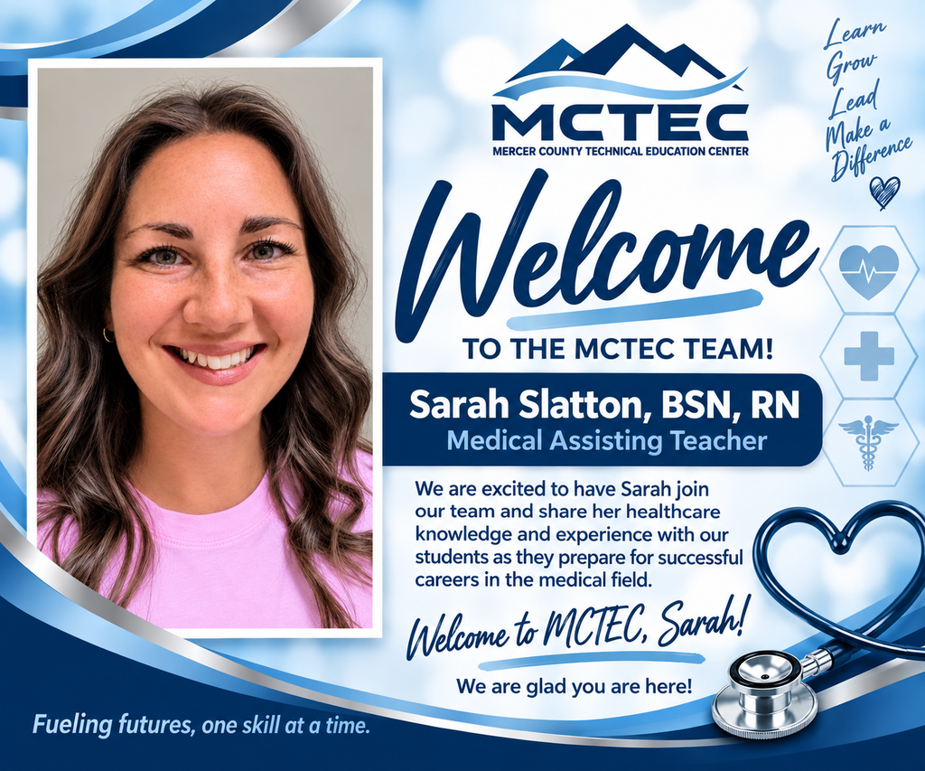 Welcome message for Sarah Slatten, Medical Assisting Teacher at MCTEC. Woman in pink shirt smiles with blue and white background.