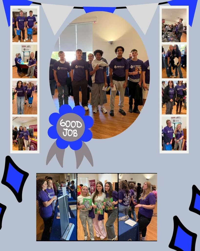 A collage of photos of a group wearing purple shirts. They stand in a circle, pose with items, and stand by a table.