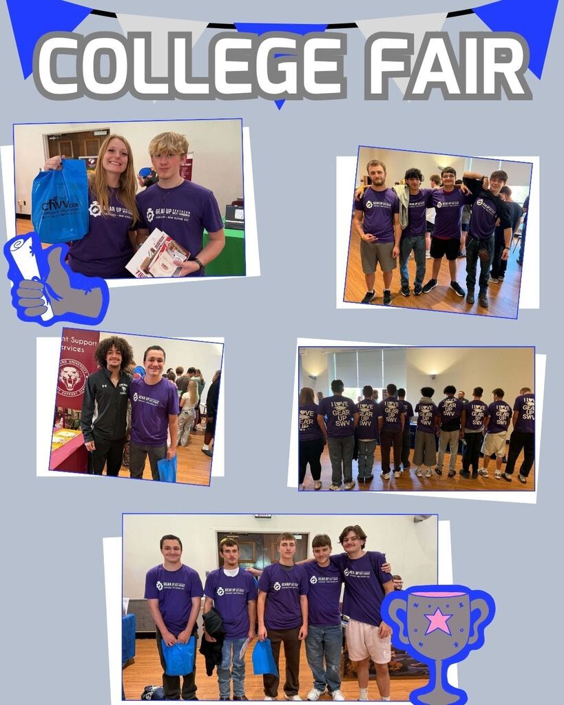 Collage of people at a college fair. They wear purple shirts. Some hold trophies and books.