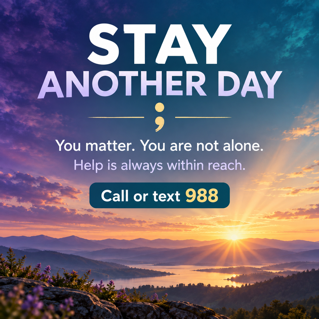 Bright sun rising over mountains and lake. Text reads, "Stay Another Day" with a message of support. Call 988.