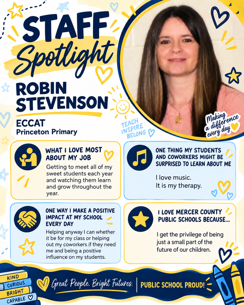 A spotlight profile for staff member Robin Stevenson features her photo, name, and school. The profile highlights her passion for music and positive impact on students.