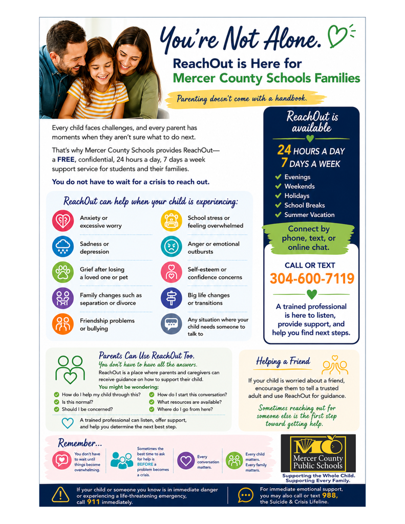 A poster for Mercer County Schools displays a helpline number for mental health support. The poster shows a family and text about services.