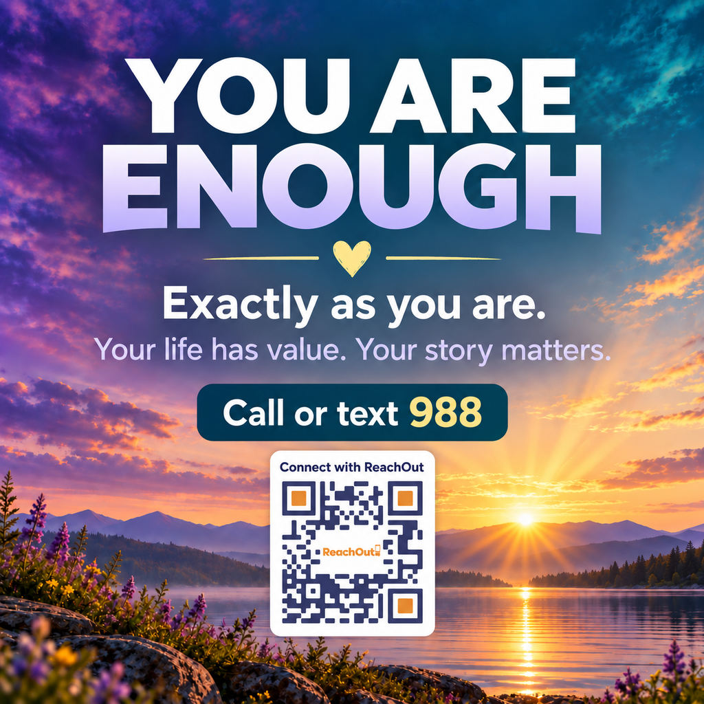 A sunset over a lake and mountains. "You are enough" in white text with a heart. QR code for contact.