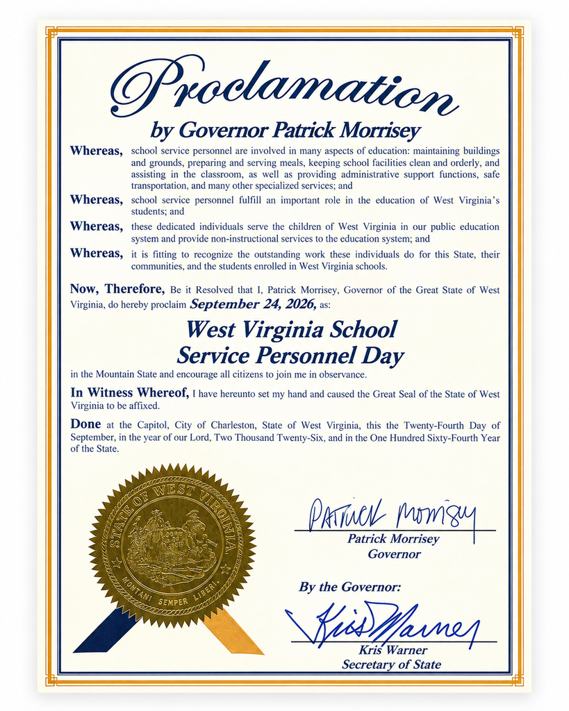 Document titled "Proclamation by Governor Patrick Morrissey" features gold seal with blue and orange ribbon. Text includes "West Virginia School Service Personnel Day" and signatures.