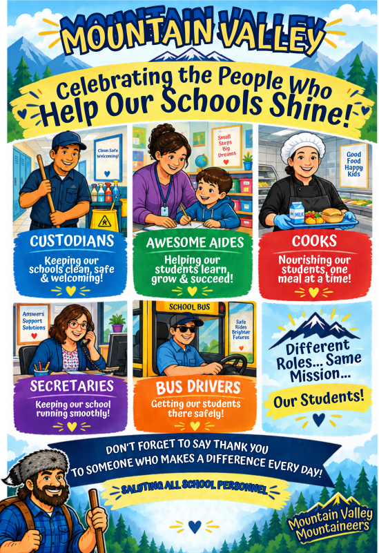 An infographic celebrates various school staff, including custodians, aides, cooks, and bus drivers, emphasizing the importance of their roles.