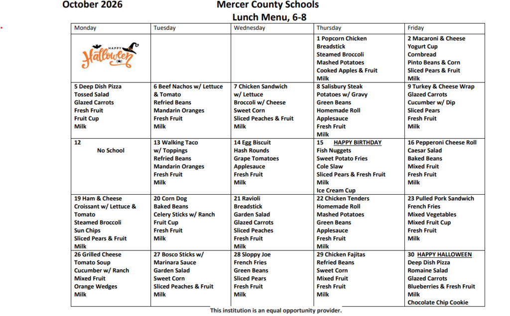 Document displaying a weekly menu for October 2016, detailing various meal options and ingredients.