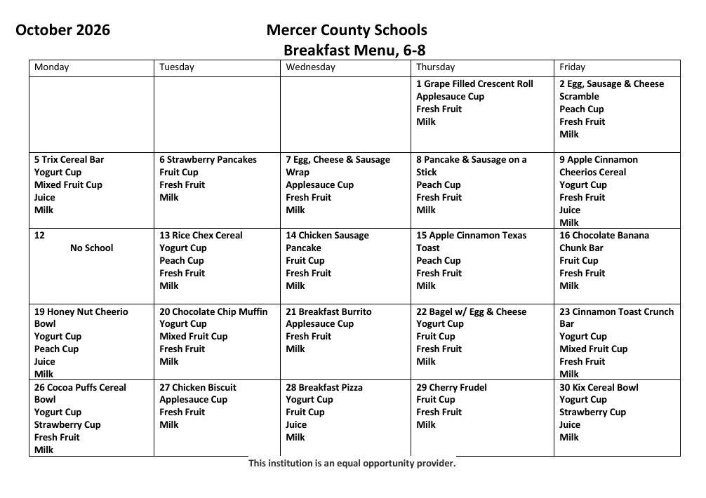 Oct Breakfast Menu