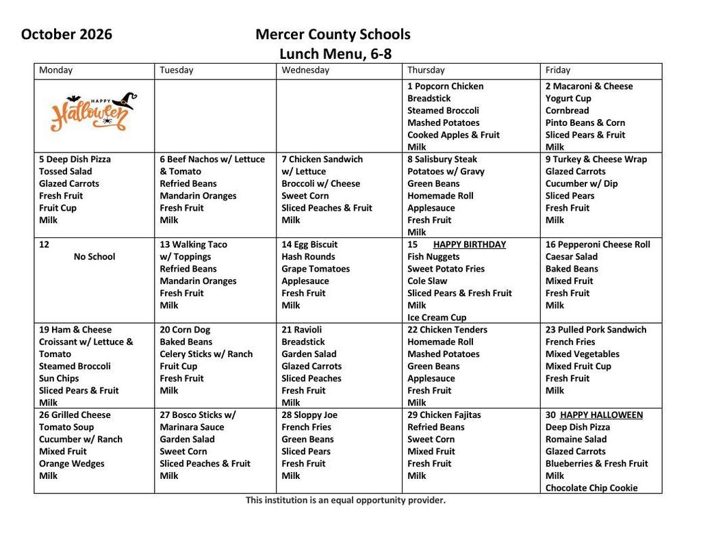 Oct Lunch Menu