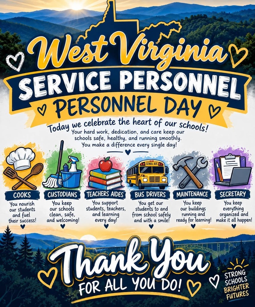 A poster displays various service personnel roles, including cooks, custodians, teachers' aides, and bus drivers, against a backdrop of mountains.