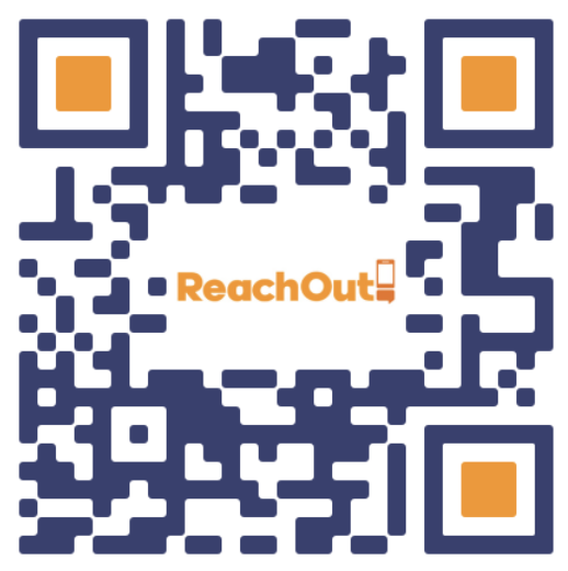 Blue, white, and orange QR code with "ReachOut" text in the center.