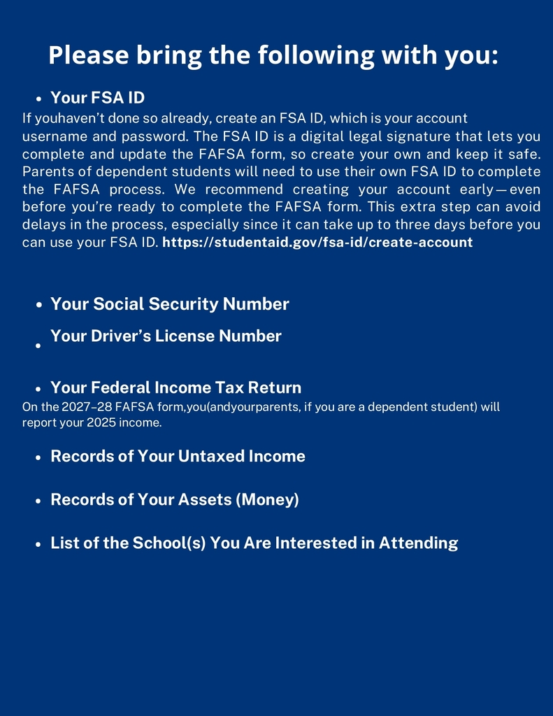 A blue background displays a list of required documents for the FAFSA form, including Social Security Number, Driver's License Number, and Federal Income Tax Return.